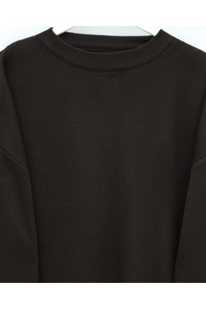 تونيك محبوك بفتحة جانبية وياقة دائرية وحافة وأساور مضلعة -بني محروق