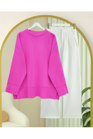 Ribbed Hem and Cuff Round Neck Slit Knit Tunic -Pink