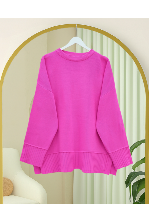 Ribbed Hem and Cuff Round Neck Slit Knit Tunic -Pink