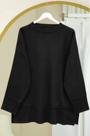 تونيك محبوك بفتحة جانبية وياقة دائرية وحافة وأساور مضلعة -أسود