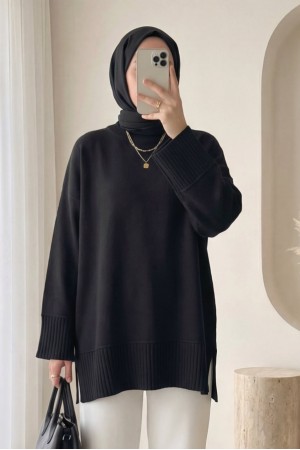 تونيك محبوك بفتحة جانبية وياقة دائرية وحافة وأساور مضلعة -أسود