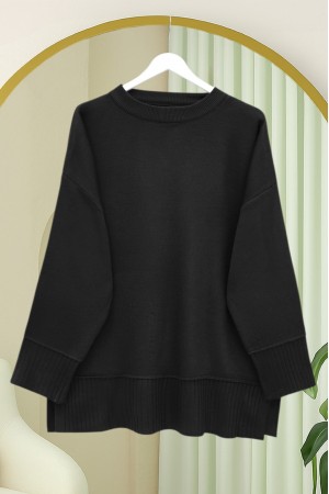 تونيك محبوك بفتحة جانبية وياقة دائرية وحافة وأساور مضلعة -أسود