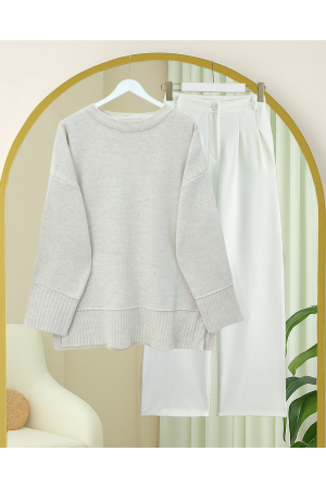 Etek Ucu ve Kol Manşeti Fitilli Yuvarlak Yaka Yırtmaçlı Triko Tunik -Taş