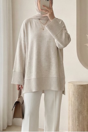 Etek Ucu ve Kol Manşeti Fitilli Yuvarlak Yaka Yırtmaçlı Triko Tunik -Taş