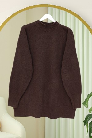 Yarım Boğazlı Yumoş Salaş Triko Kazak  -Kahve