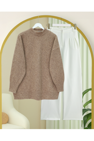 Yarım Boğazlı Yumoş Salaş Triko Kazak  -Vizon