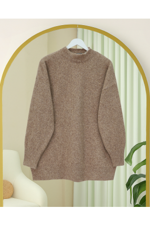 Yarım Boğazlı Yumoş Salaş Triko Kazak  -Vizon