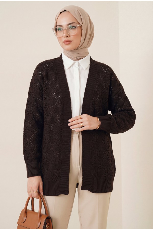 Patterned Mid-Length Knitted Cardigan -Brown