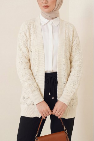 Desenli Araboy Örme Triko Hırka -Krem