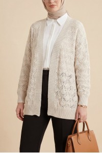 Desenli Araboy Örme Triko Hırka -Taş