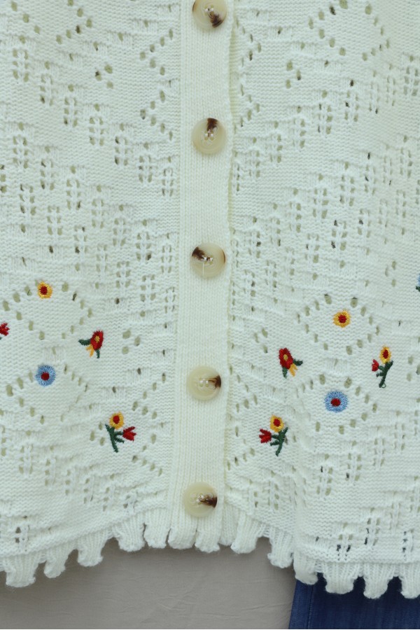 Floral Embroidered Openwork Knit Cardigan -Ecru