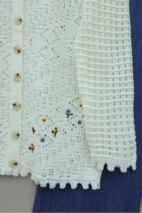 Floral Embroidered Openwork Knit Cardigan -Ecru