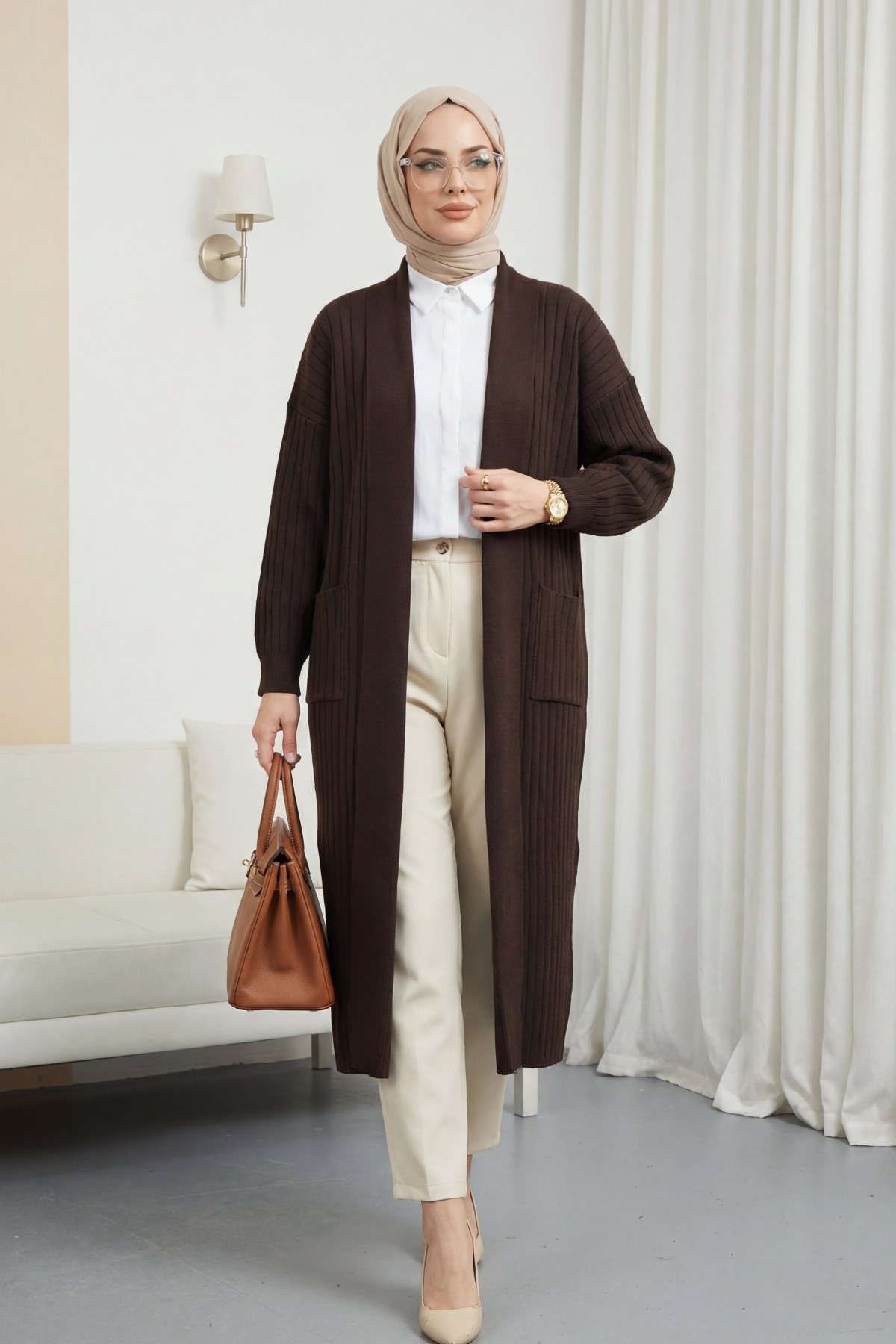 Floral Embroidered Openwork Knit Cardigan -بنى