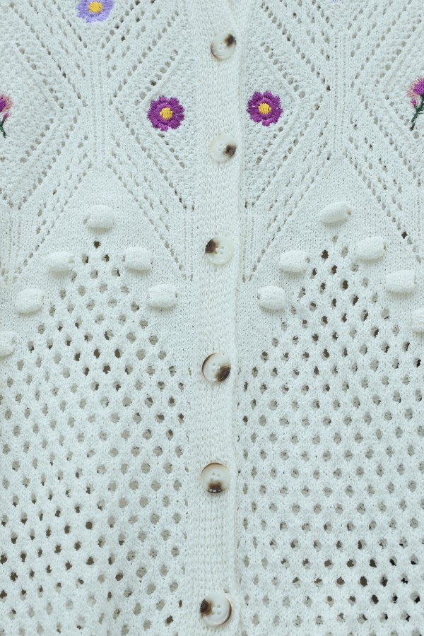Knitted Cardigan with Floral Embroidery and Pom-Poms -White