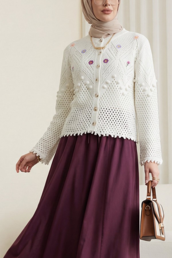 Knitted Cardigan with Floral Embroidery and Pom-Poms -White