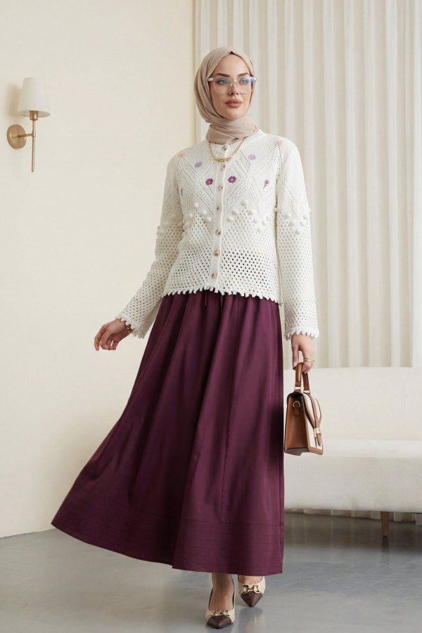Knitted Cardigan with Floral Embroidery and Pom-Poms -White