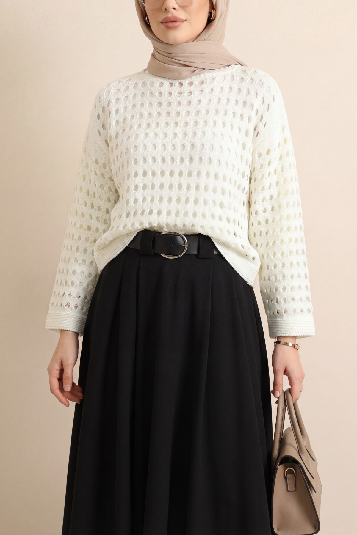 Boat Neck Openwork Knit Sweater -Ecru