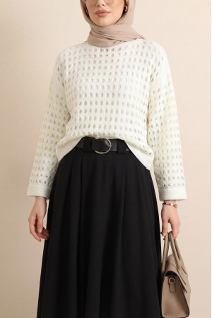 Kayık Yaka Ajurlu Triko Kazak -Ekru