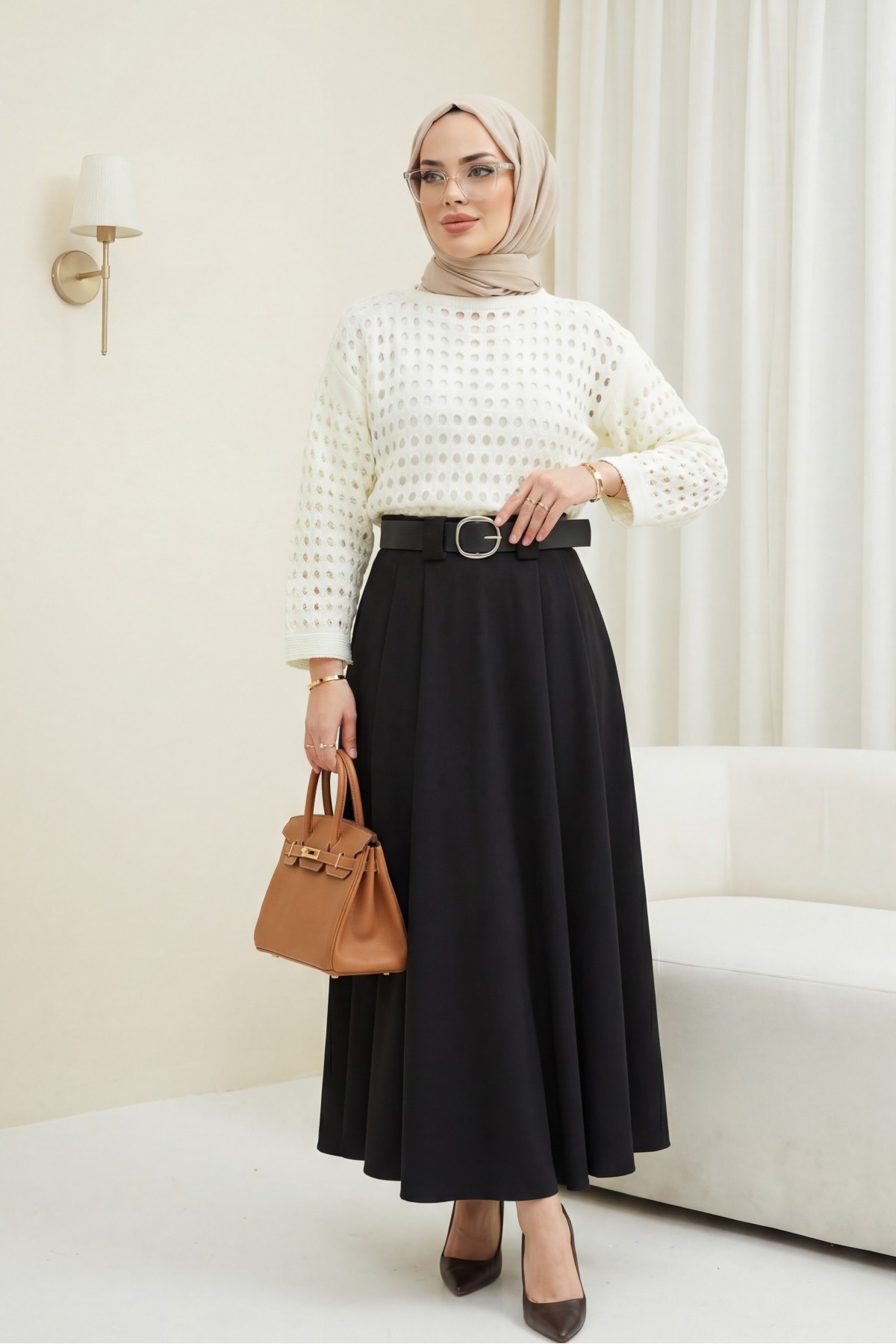 Boat Neck Openwork Knit Sweater -Ecru
