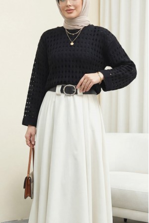 Kayık Yaka Ajurlu Triko Kazak -Siyah