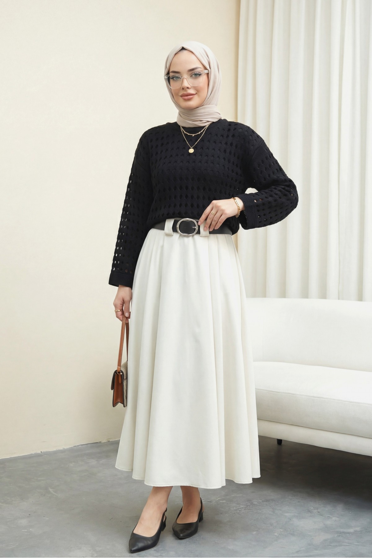 Boat Neck Openwork Knit Sweater -Black