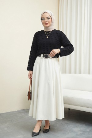 Kayık Yaka Ajurlu Triko Kazak -Siyah