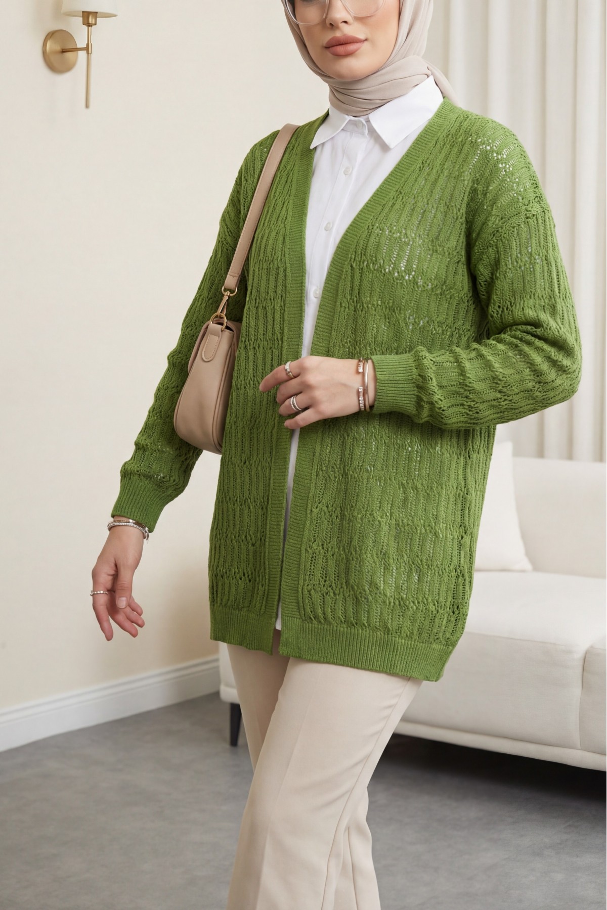 Openwork Patterned Spring Cardigan   -PISTACHIO GREEN