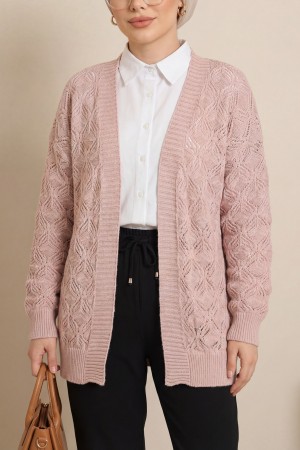 Desenli Araboy Örme Triko Hırka  -Pudra