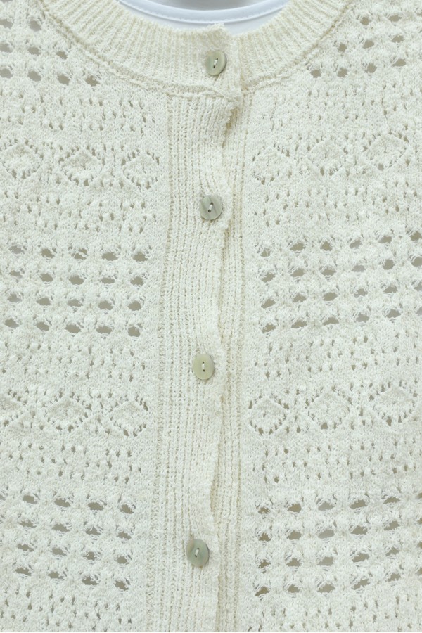Cardigan with Ruffled Hem and Openwork Pattern, Buttoned -Ecru