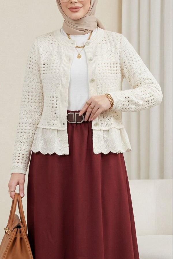 Cardigan with Ruffled Hem and Openwork Pattern, Buttoned -Ecru