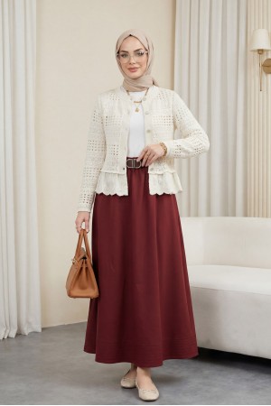 Eteği Fırfırlı Ajurlu Düğmeli Hırka  -Ekru