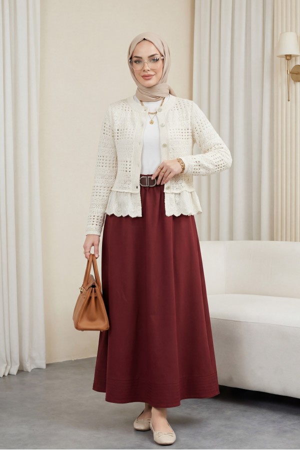 Cardigan with Ruffled Hem and Openwork Pattern, Buttoned -Ecru