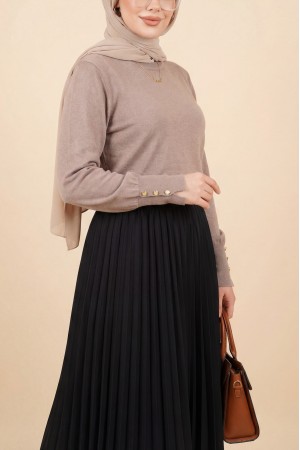 Round Neck Knitted Tunic with Button Detail on Sleeves -Light coffee