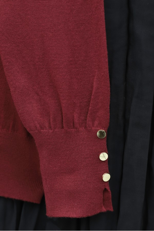 Round Neck Knitted Tunic with Button Detail on Sleeves -Maroon