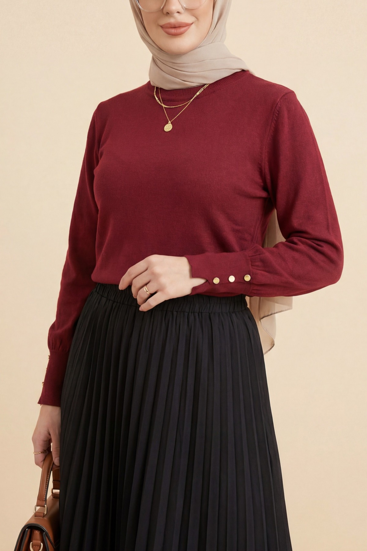 Round Neck Knitted Tunic with Button Detail on Sleeves -Maroon