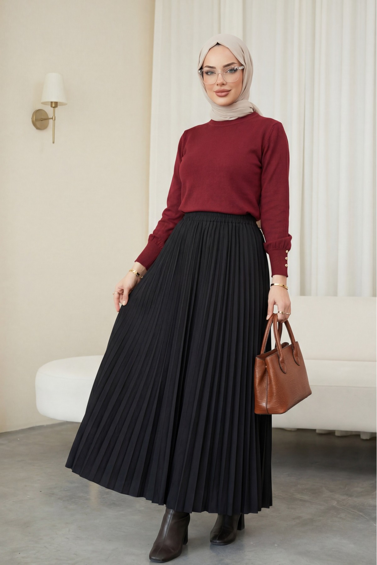 Round Neck Knitted Tunic with Button Detail on Sleeves -Maroon
