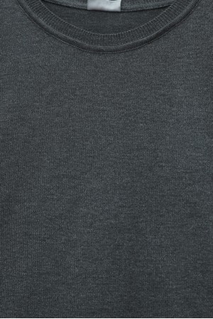 Yuvarlak Yaka Kolu Düğme Detaylı Triko Tunik  -Füme