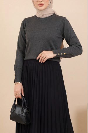 Yuvarlak Yaka Kolu Düğme Detaylı Triko Tunik  -Füme