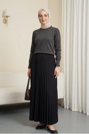 Yuvarlak Yaka Kolu Düğme Detaylı Triko Tunik  -Füme