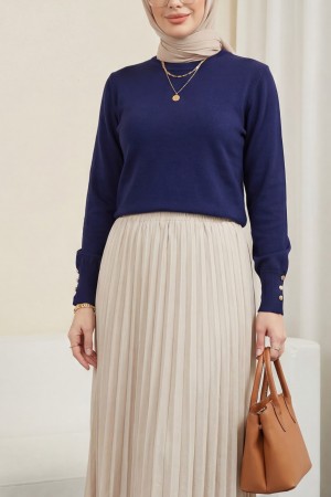 Round Neck Knitted Tunic with Button Detail on Sleeves -İndigo