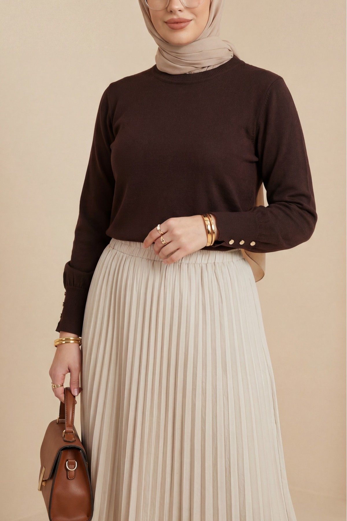 Round Neck Knitted Tunic with Button Detail on Sleeves -Dark Coffee