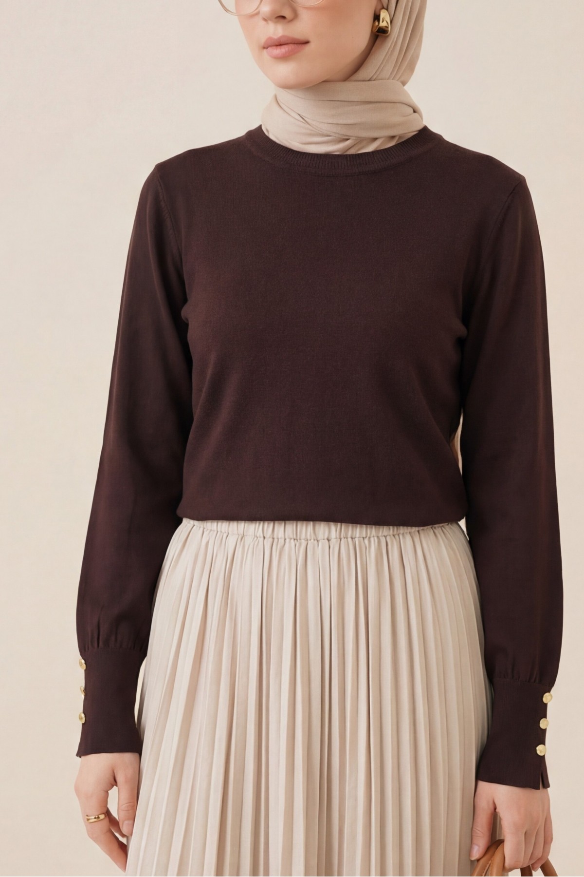 Round Neck Knitted Tunic with Button Detail on Sleeves -Dark Coffee