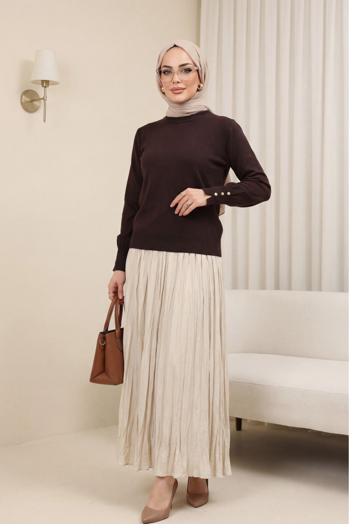 Round Neck Knitted Tunic with Button Detail on Sleeves -Dark Coffee