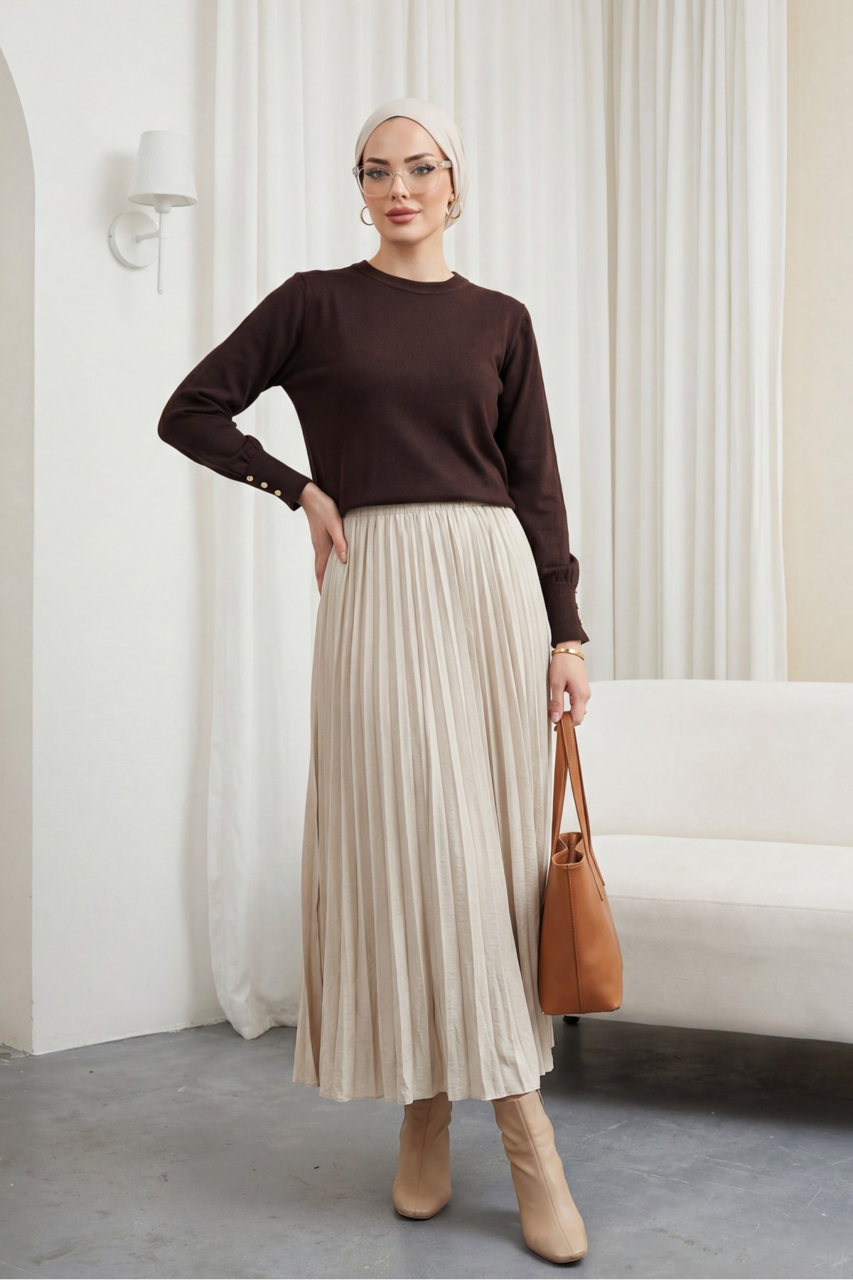 Round Neck Knitted Tunic with Button Detail on Sleeves -Dark Coffee detay görseli