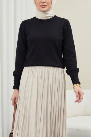 Yuvarlak Yaka Kolu Düğme Detaylı Triko Tunik  -Siyah