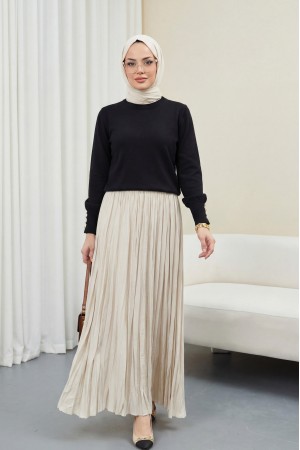 Yuvarlak Yaka Kolu Düğme Detaylı Triko Tunik  -Siyah