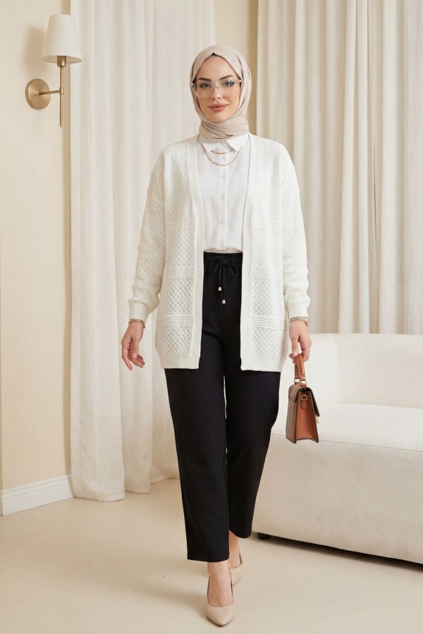 Openwork Wave Pattern Knitted Cardigan -Ecru