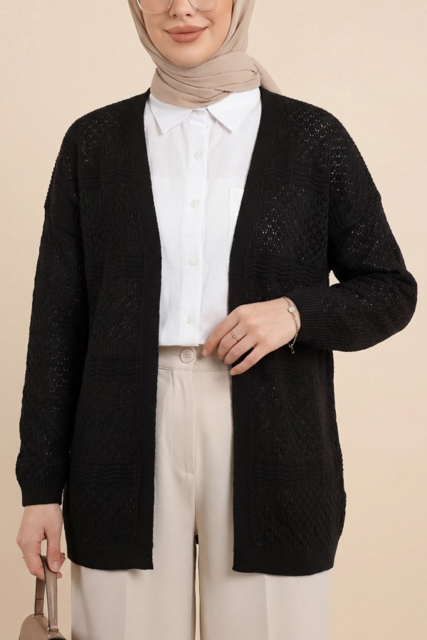 Openwork Wave Pattern Knitted Cardigan -Brown