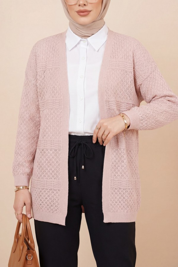 Openwork Wave Pattern Knitted Cardigan -Powder