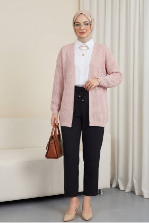 Ajurlu Dalga Desenli Triko Hırka -Pudra